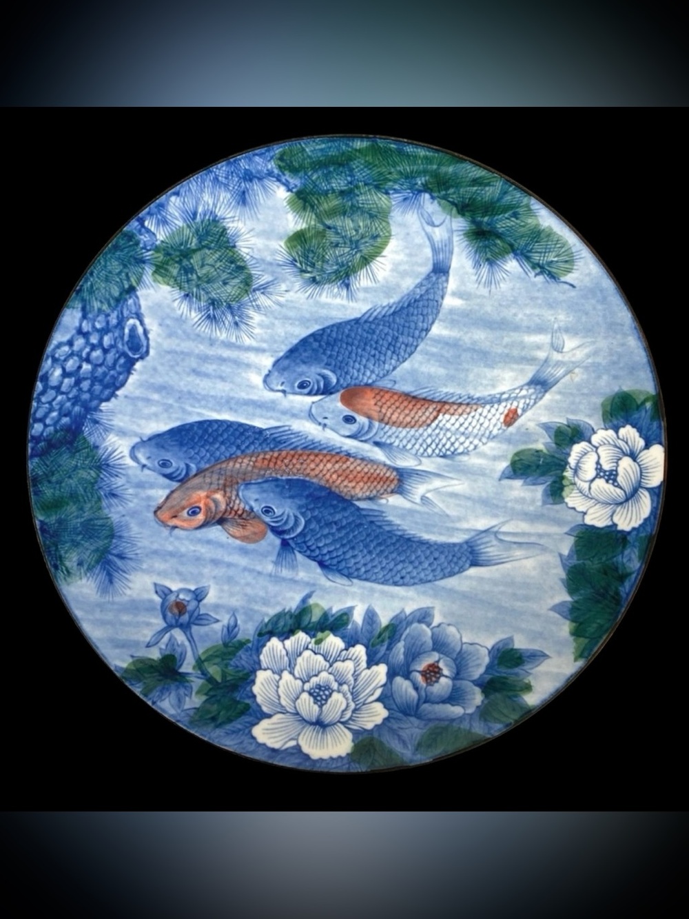Vintage Koi Fish Large Plate Charger Lotus Flower Sun Ceramics 12 1/2”